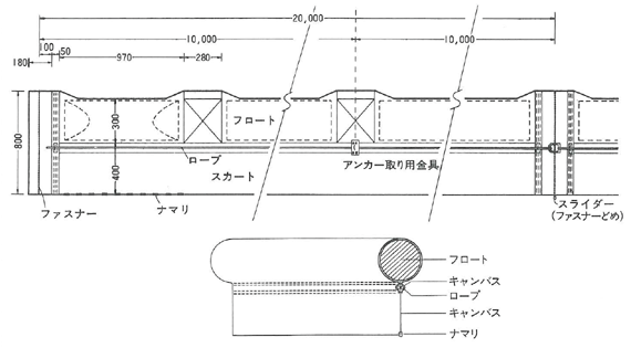 オイルフェンス 《法令B種タイプ》E4型【常設用】E4-T(P-228)のサイズ詳細図