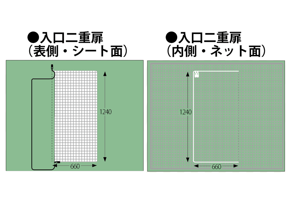 ペット同行避難対策 犬用テント・猫用テント　入口のイメージ図 表側(シート面)から見た図と内側(ネット面)から見た図